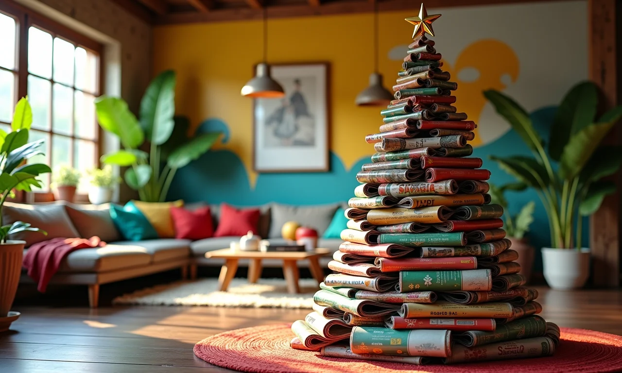 Árvore de Natal festiva feita com revistas velhas.