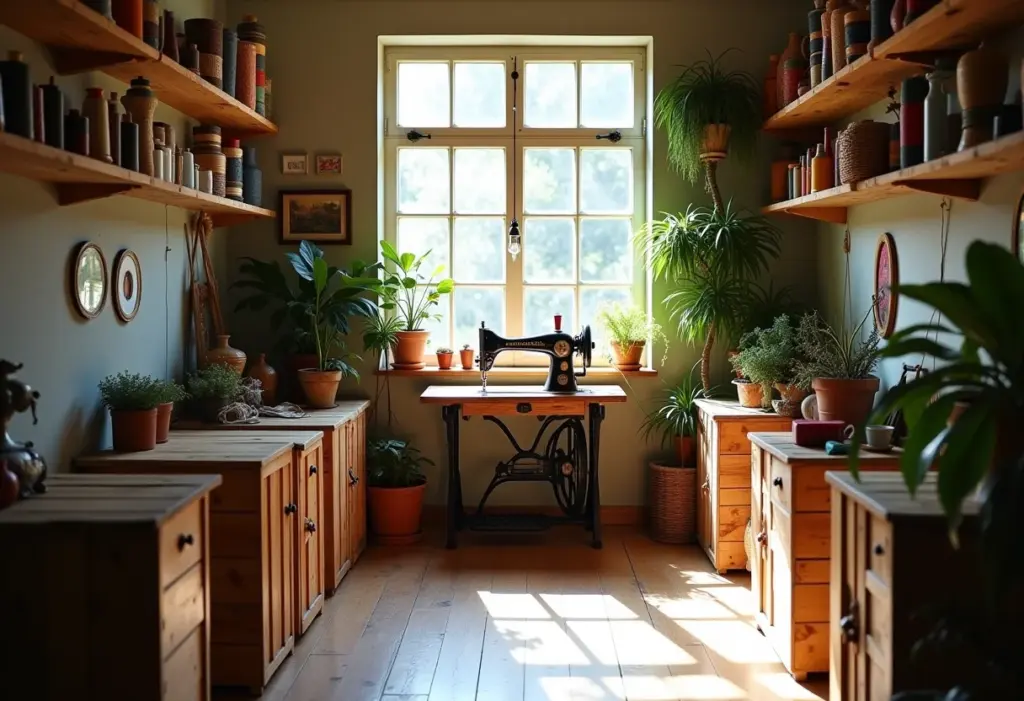 Ateliê brasileiro com caixotes de feira e luz natural