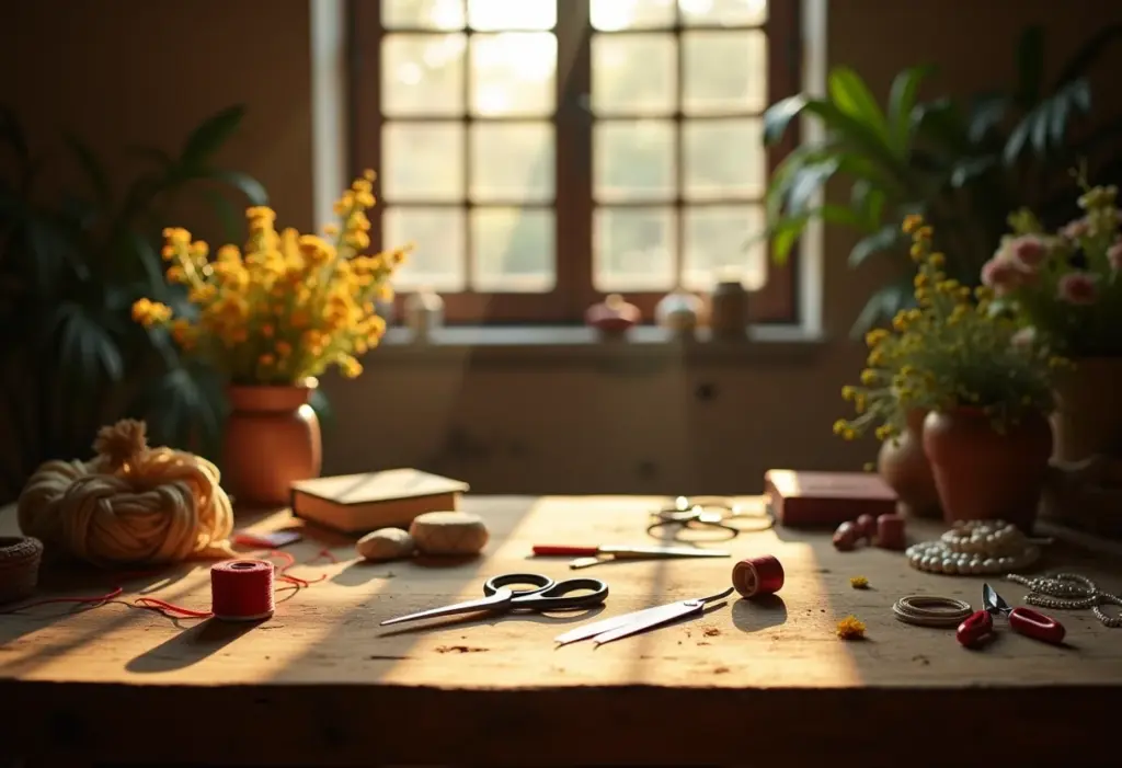 Ateliê de artesanato brasileiro iluminado pela luz da manhã