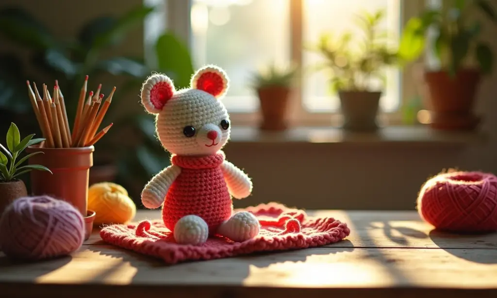 Ateliê de crochê aconchegante com amigurumi em andamento