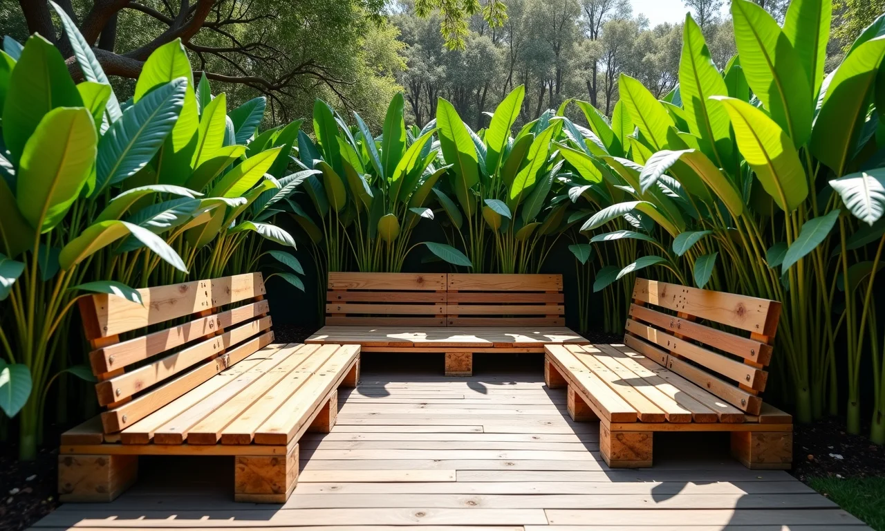 Bancos de pallet ao ar livre em um jardim com plantas brasileiras, criando um ambiente relaxante.