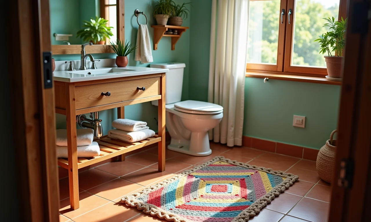 Banheiro com um tapete de crochê colorido, azulejos brasileiros e luz natural.