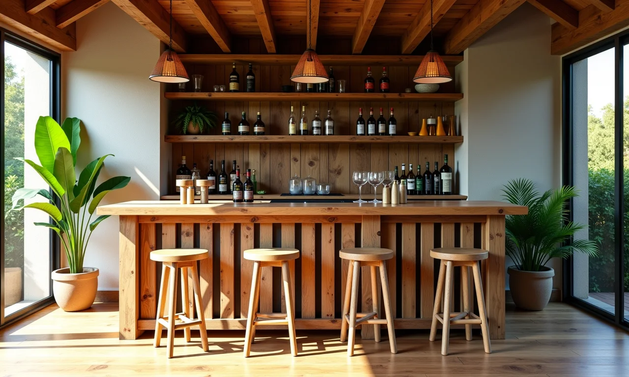 Bar de pallet em uma casa com decoração brasileira, perfeito para momentos de descontração.