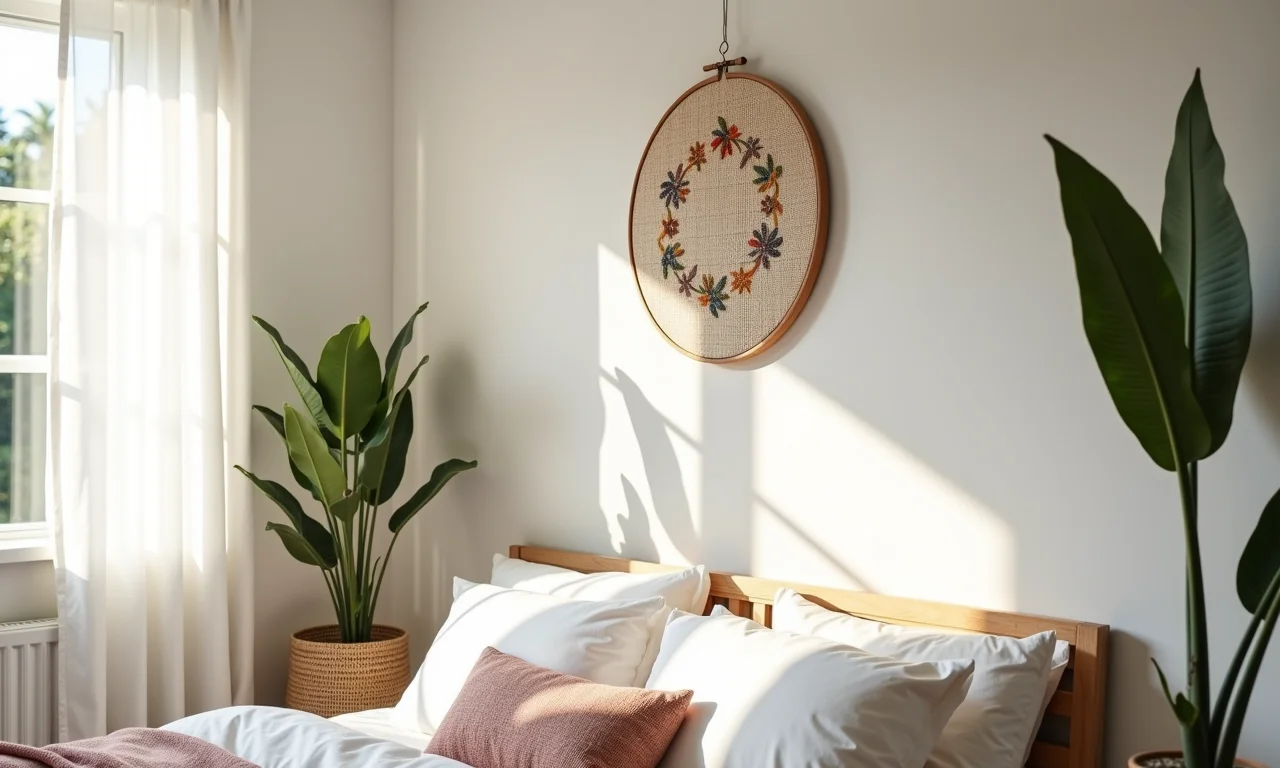 Bastidor bordado pendurado na parede de um quarto.