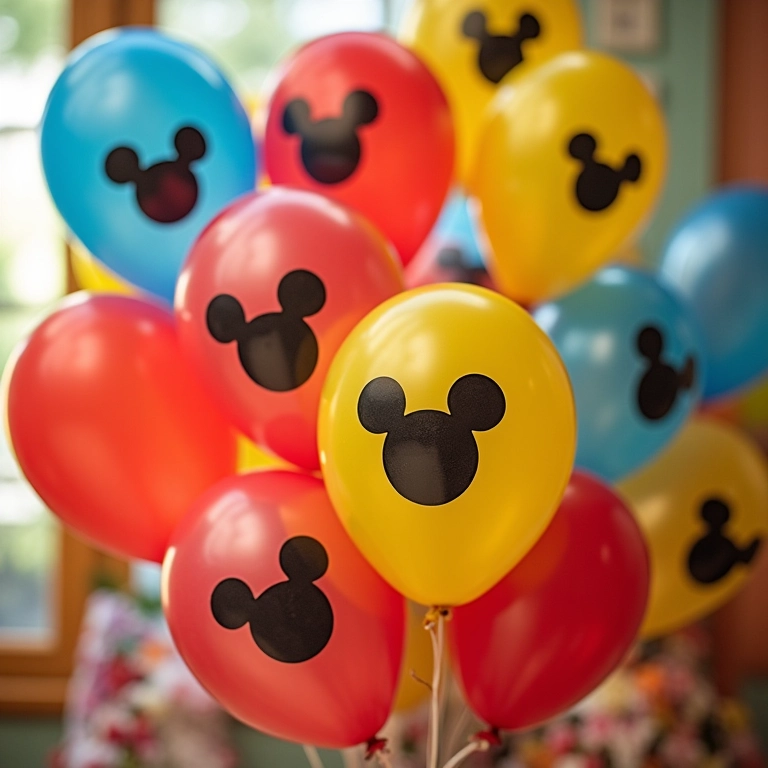 Bexigas decoradas com o Mickey Mouse.