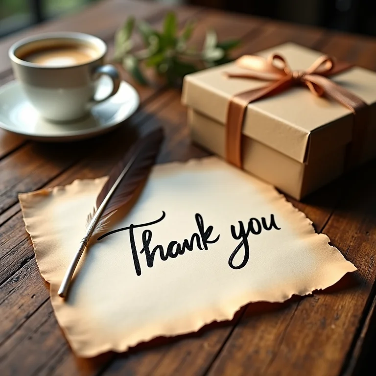 Bilhete de agradecimento escrito à mão ao lado de presente artesanal