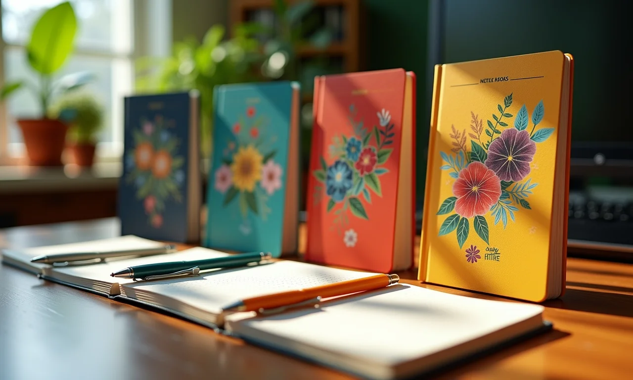 Bloquinhos de anotações com caneta personalizada sobre escrivaninha.