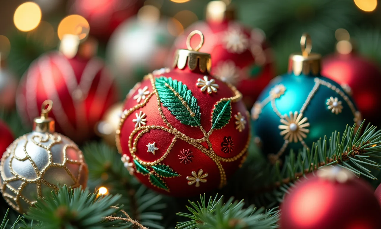 Bolas de Natal feitas com retalhos de tecido e bordados brasileiros.