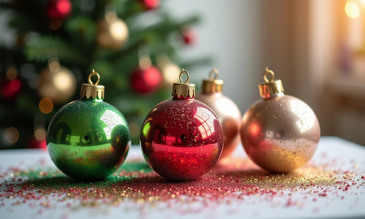 Bolinhas de Natal personalizadas com tinta e glitter.