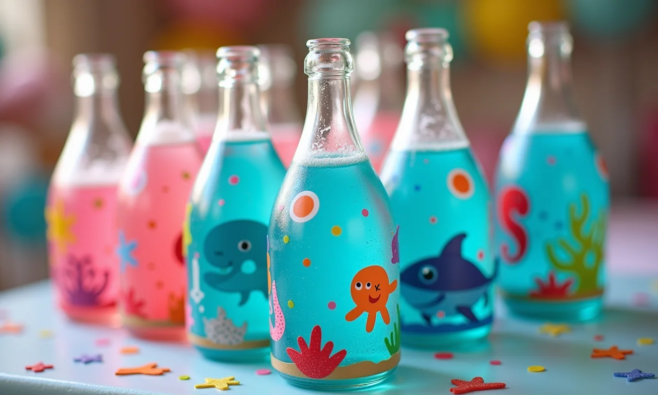 Bolinhas de sabão decoradas com adesivos temáticos oceânicos.