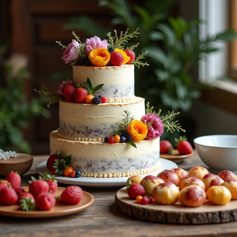 Bolo e doces rústicos e saborosos para casamento.