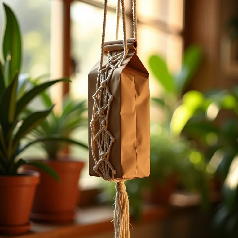 Bolsa de caixa de leite pendurada em uma parede decorada com plantas e macramê.