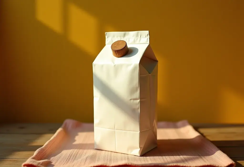 Bolsa feita de caixa de leite decorada com tecido chita.