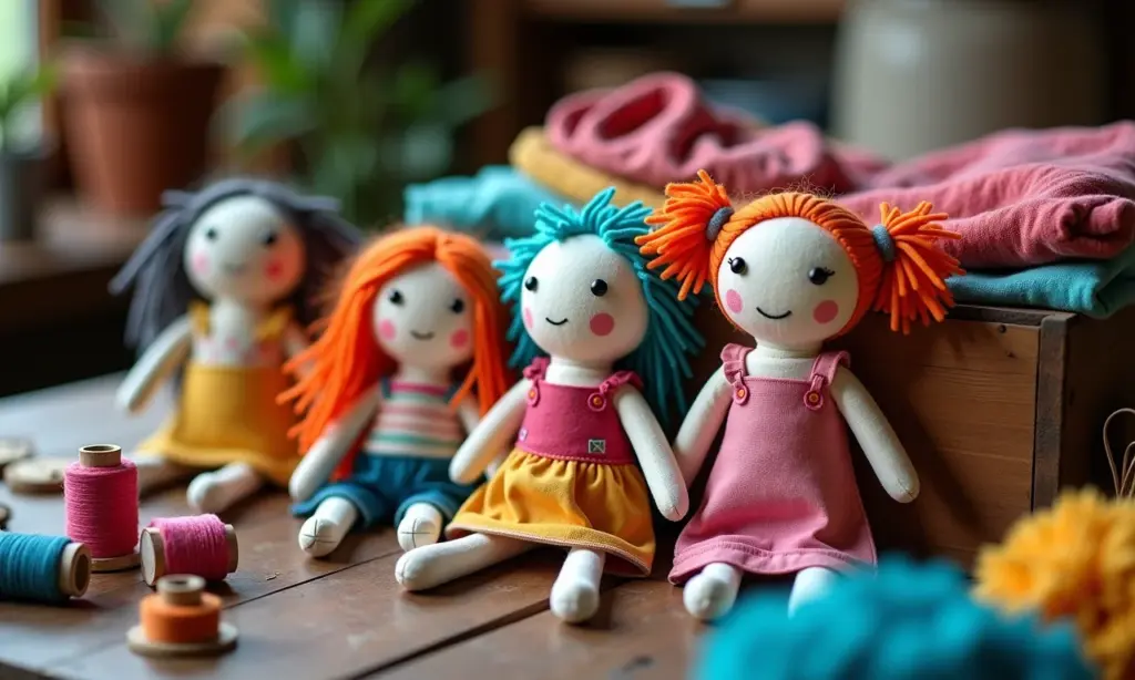 Bonecas de pano artesanais em mesa rústica, com tecidos coloridos e materiais de costura.
