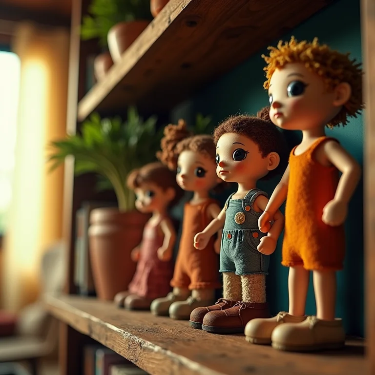 Bonecas de personagens feitas de EVA em estante