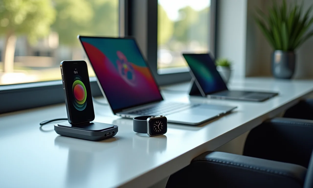 Brindes tecnológicos como carregadores sem fio e smartwatches.