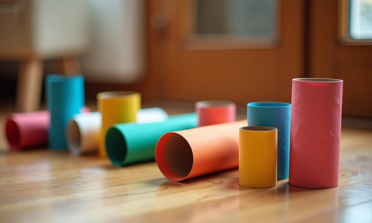 Brinquedos criativos e coloridos feitos de rolos de papel para crianças brincarem.