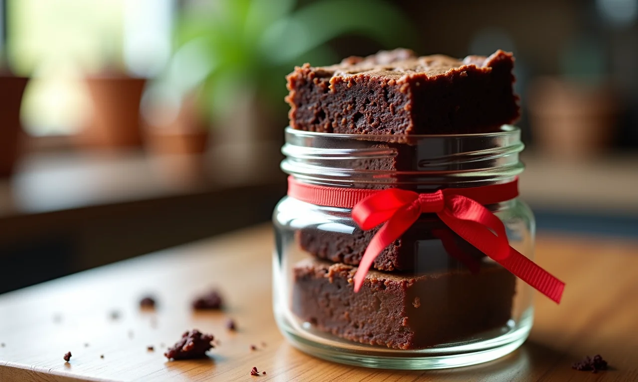 Brownie no pote com fita em cima da mesa.