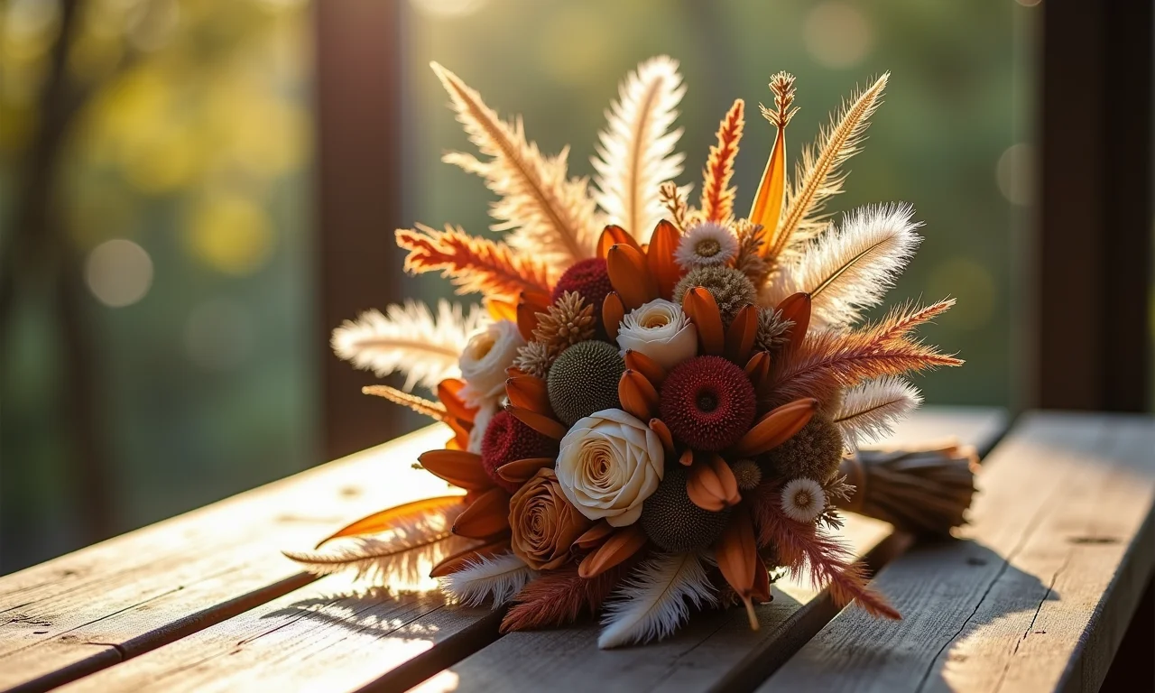 Buquê de casamento alternativo feito de flores secas e penas
