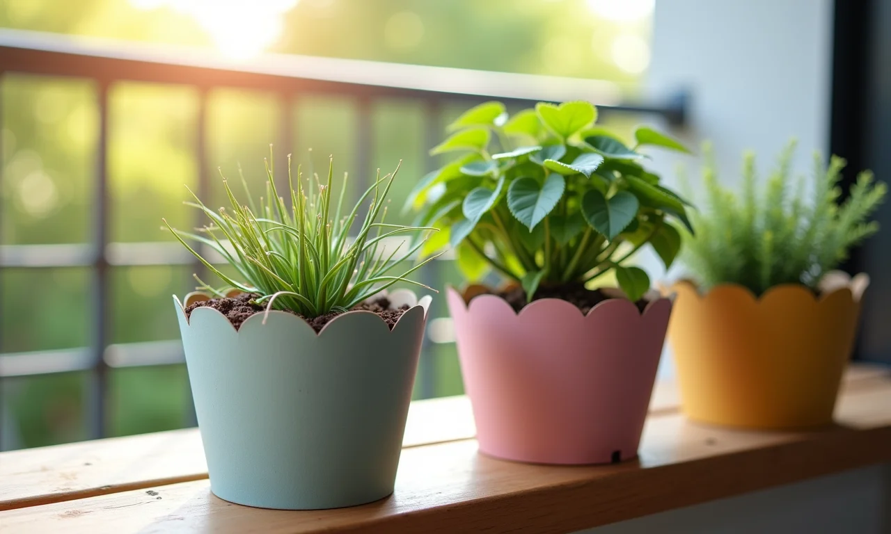 Cachepôs personalizados feitos com rolos de papel exibindo plantas em uma varanda ensolarada.