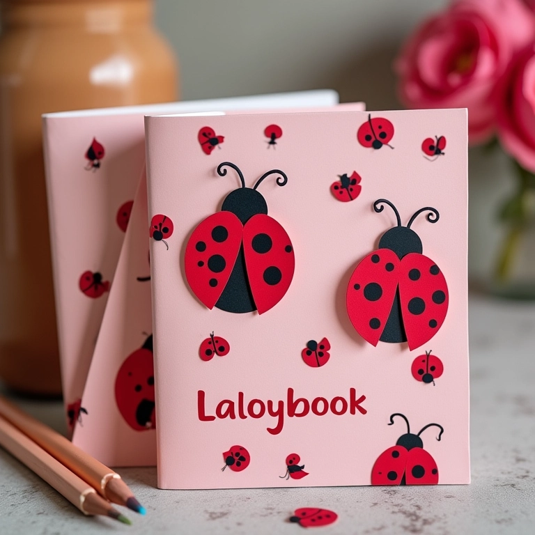 Caderninhos e lápis personalizados com tema de joaninha.