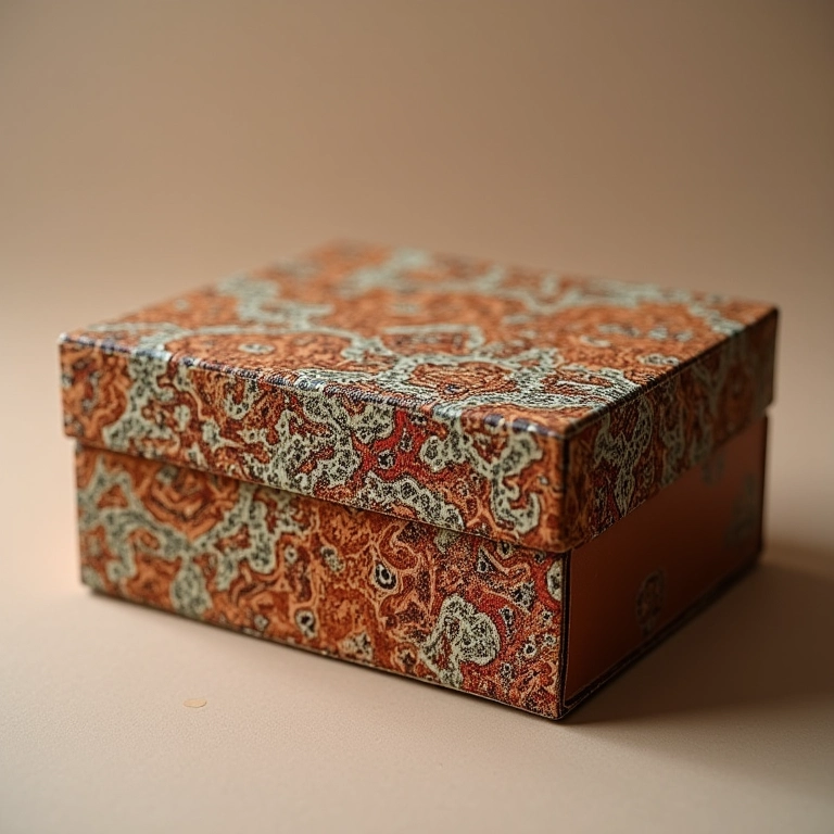 Caixa de MDF com aplicação de tecido estampado e detalhes de costura.