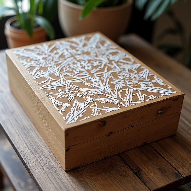 Caixa de MDF com arte em stencil e padrões geométricos.