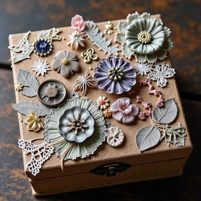 Caixa de MDF com colagem de apliques, botões, miçangas e renda.