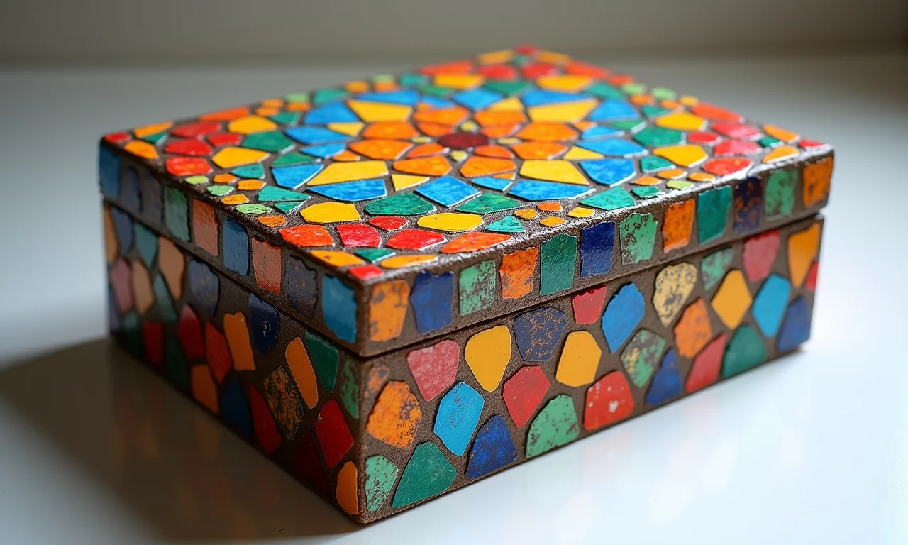 Caixa em MDF com mosaico colorido.