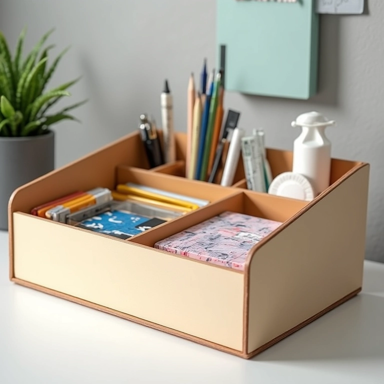 Caixa organizadora para escritório em MDF com divisórias coloridas.