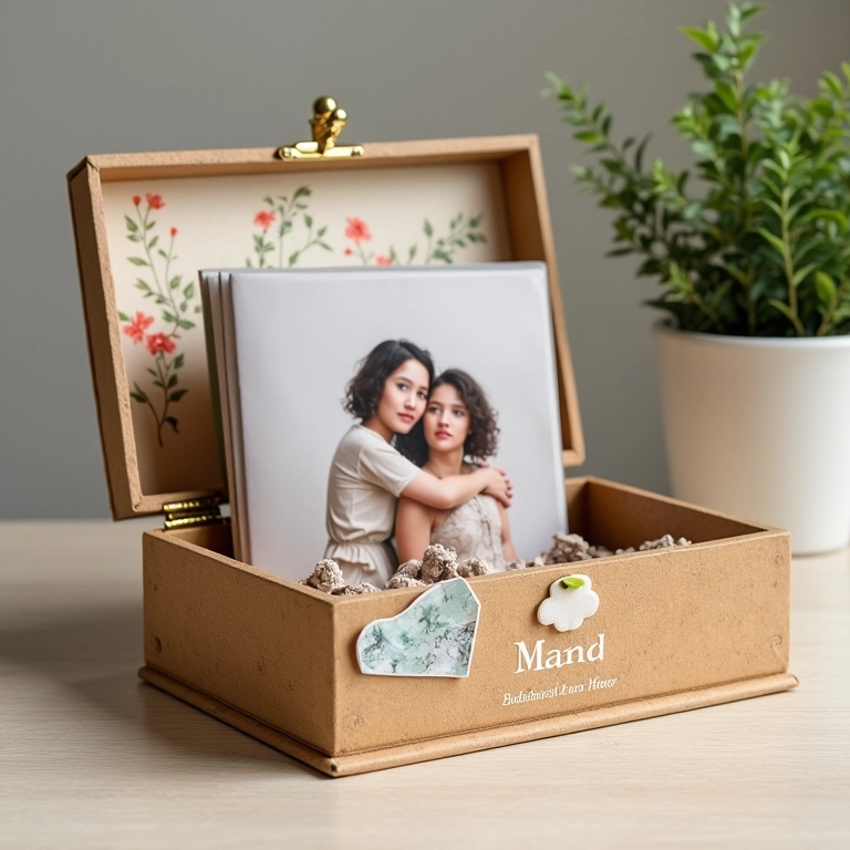 Caixa para fotos em MDF com decoração temática e estilo scrapbook.