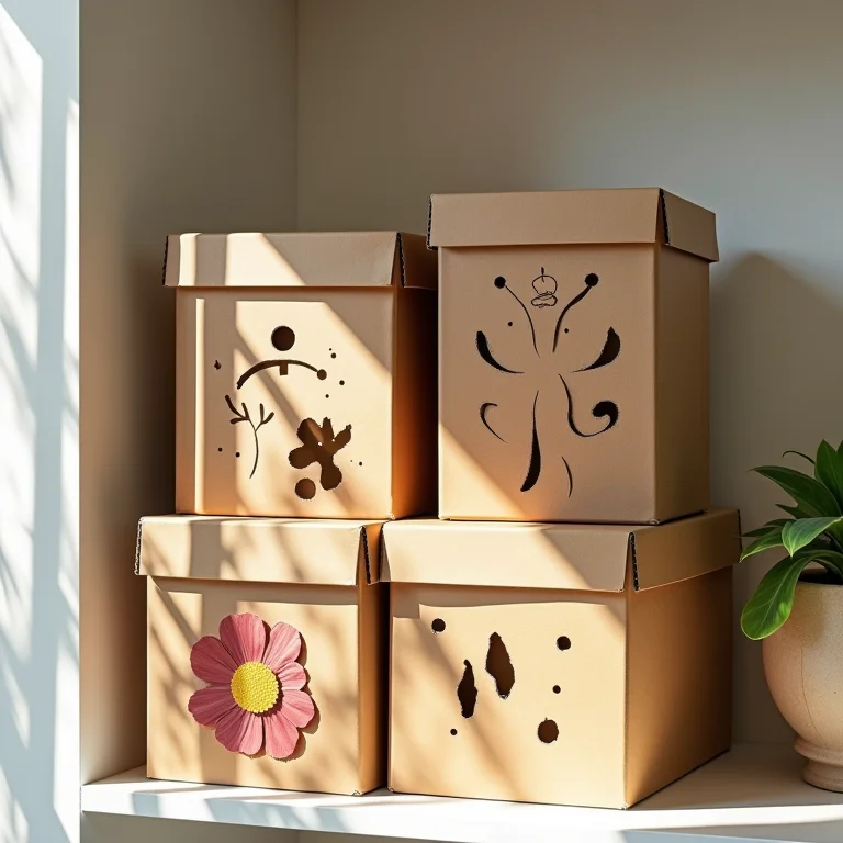 Caixas de papelão decoradas com recortes de papel e tinta