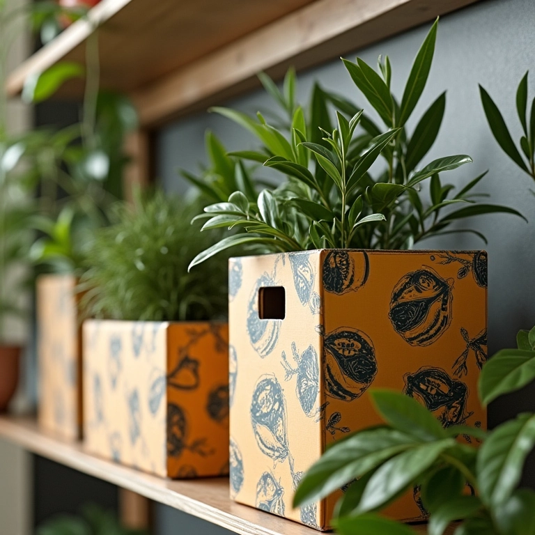 Caixas de papelão recicladas como organizadores estilosos em prateleiras.