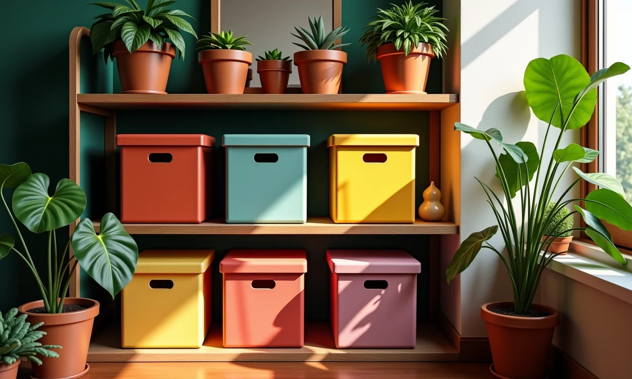 Caixas organizadoras customizadas feitas de caixas de sapato em prateleiras.