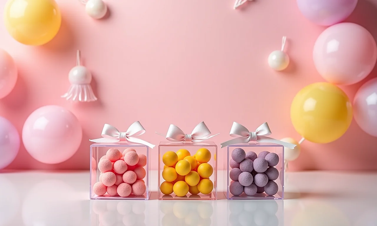 Caixinhas de acrílico com balas de goma coloridas.