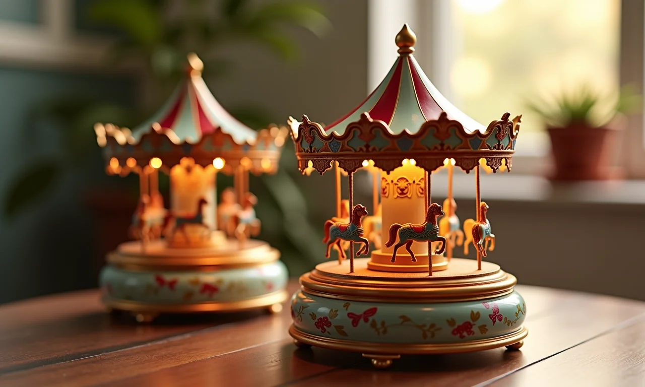 Caixinhas de música em miniatura com tema carrossel, design elegante e delicado.