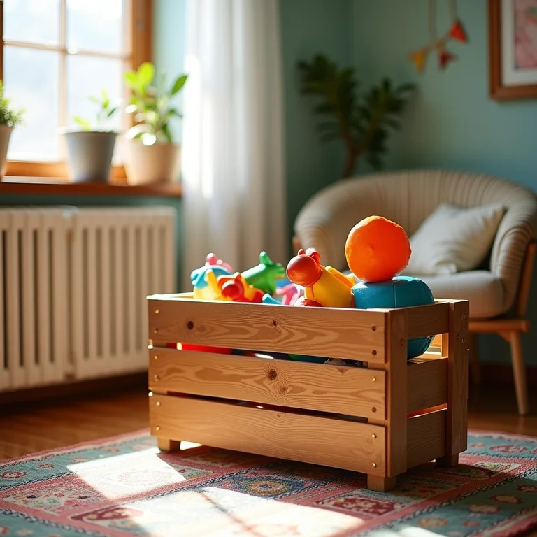 Caixote organizador de brinquedos em quarto infantil