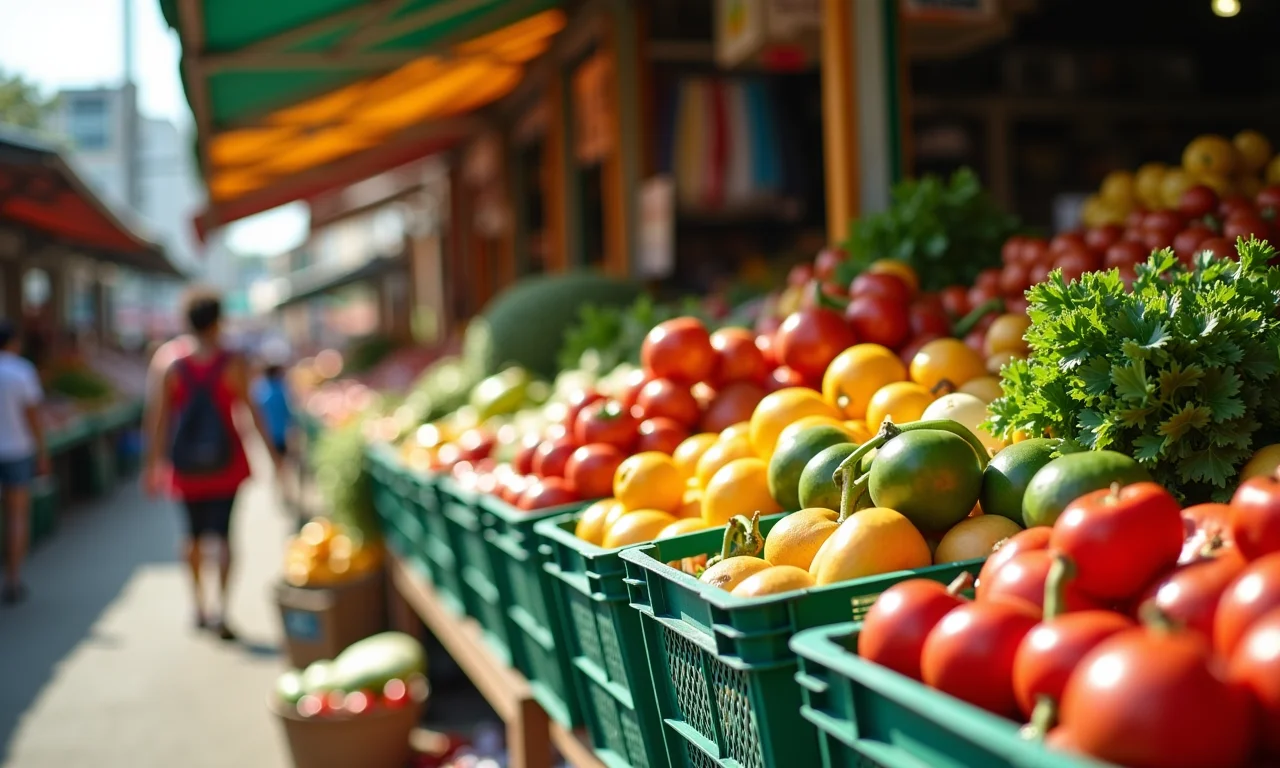 Caixotes de feira empilhados em mercado brasileiro vibrante.