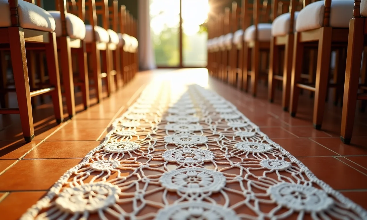Caminho da noiva feito de renda de crochê em piso de terracota