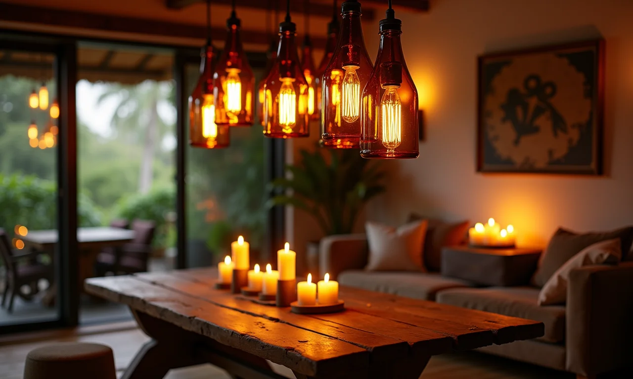 Candelabro feito com garrafas de cerveja em uma sala aconchegante.