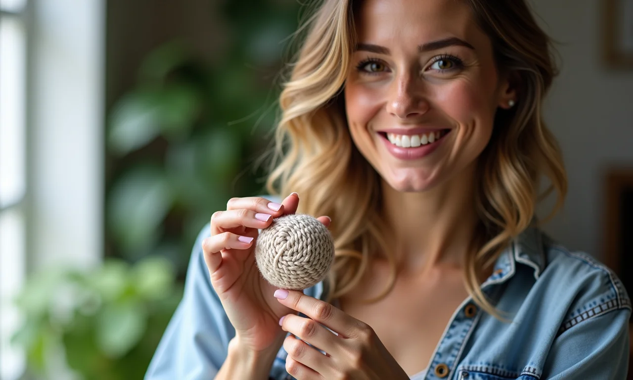 Canhota confiante exibe projeto de crochê finalizado.