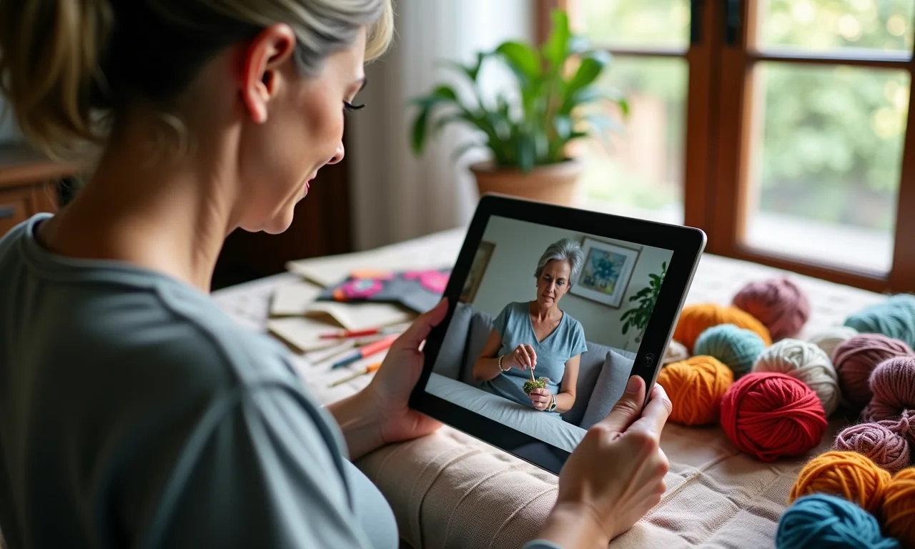 Canhota procura tutoriais de crochê online em tablet.