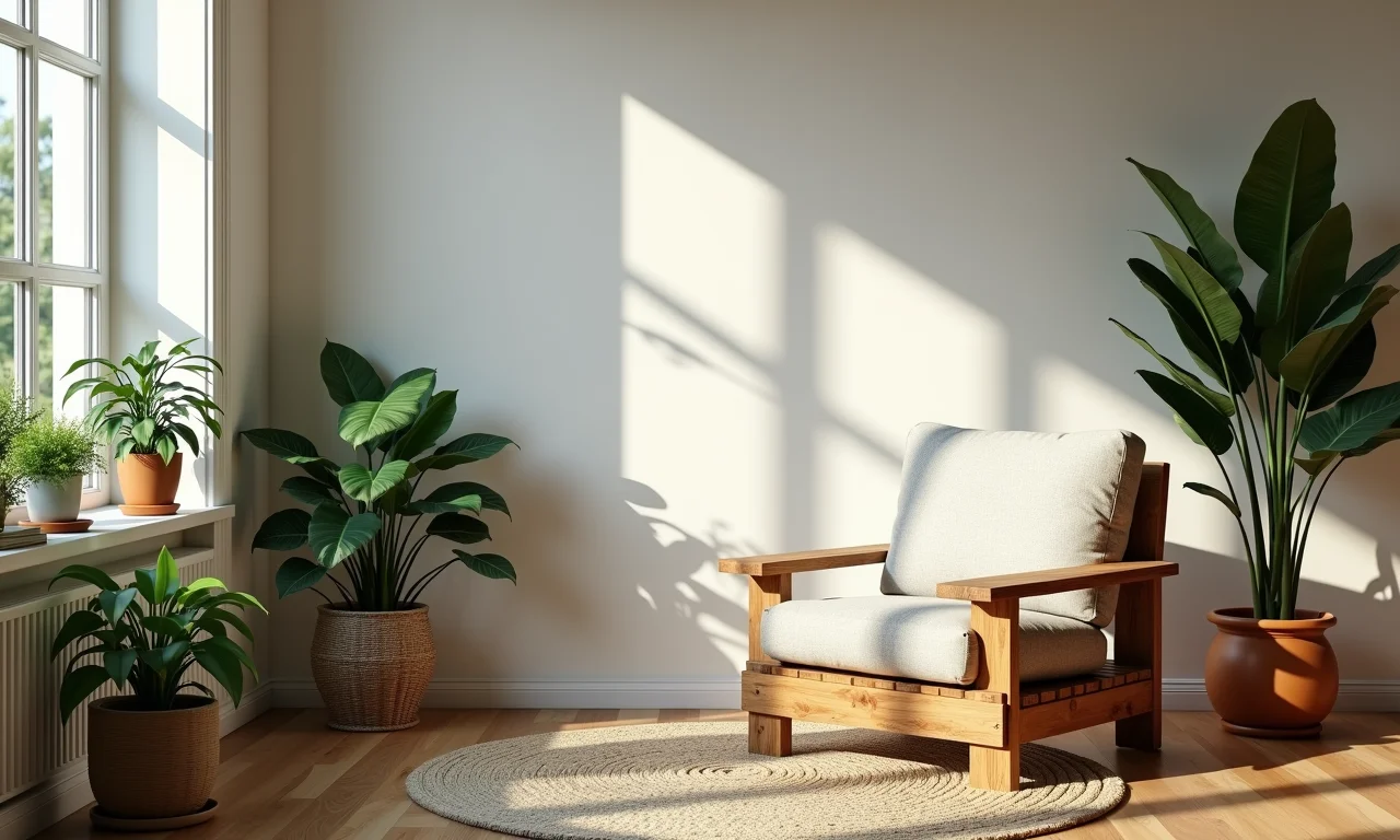 Canto aconchegante da sala de estar com poltrona de pallet e plantas.