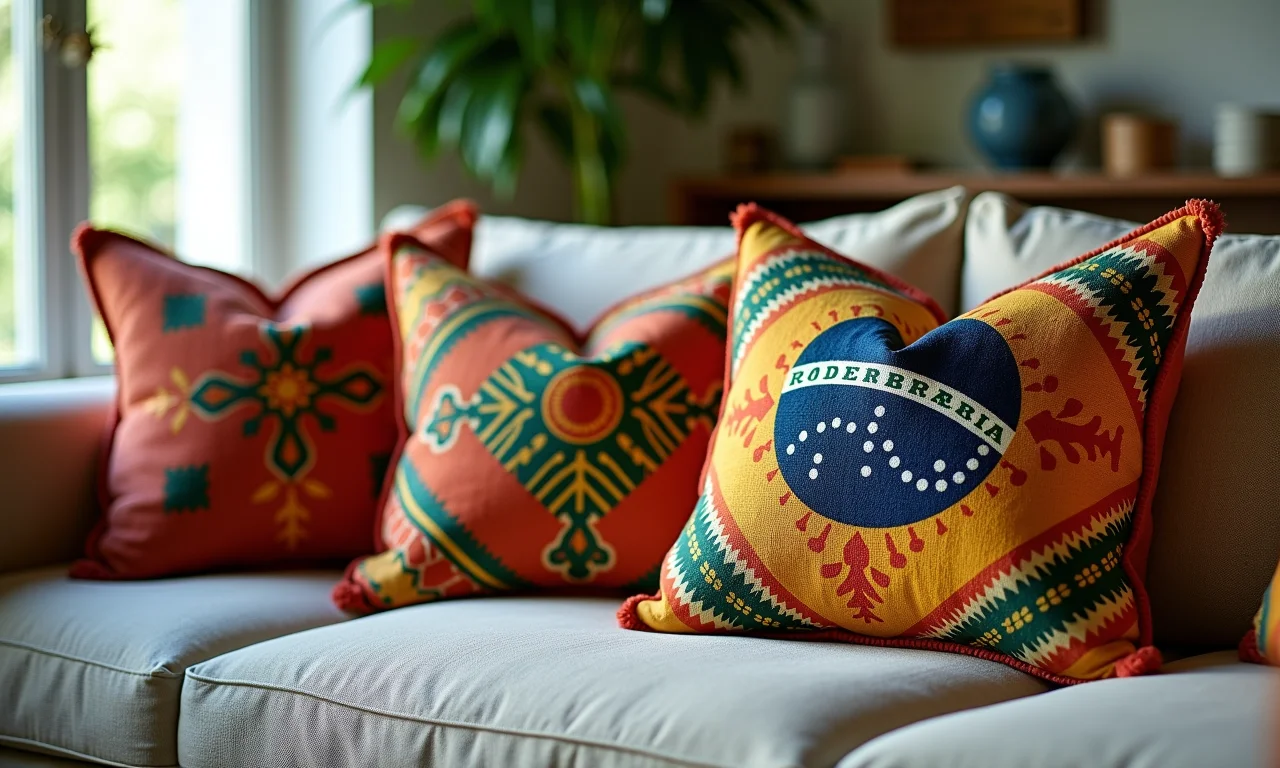 Capas de almofada customizadas com estampas brasileiras vibrantes.