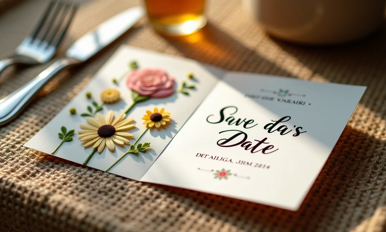 Cartão 'Save the Date' artesanal com flores prensadas sobre juta