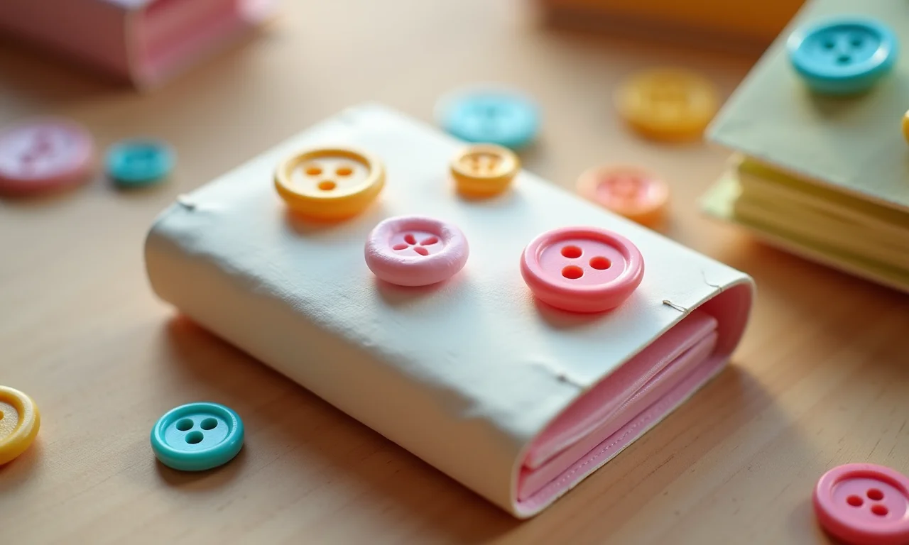 Carteira de caixa de leite com aplicações de botões coloridos.