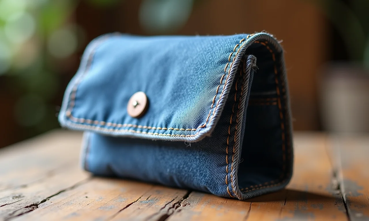 Carteira de caixa de leite revestida com tecido jeans.