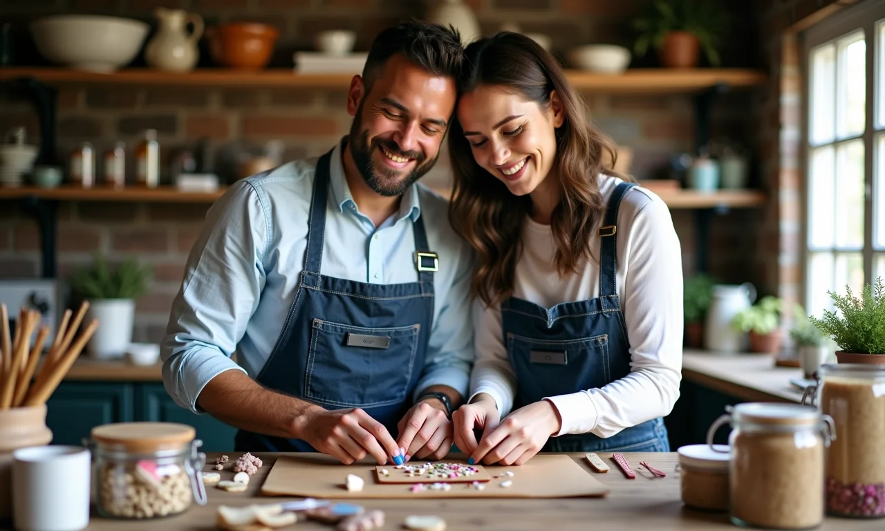 Casal criando lembrancinhas DIY em estação de artesanato.