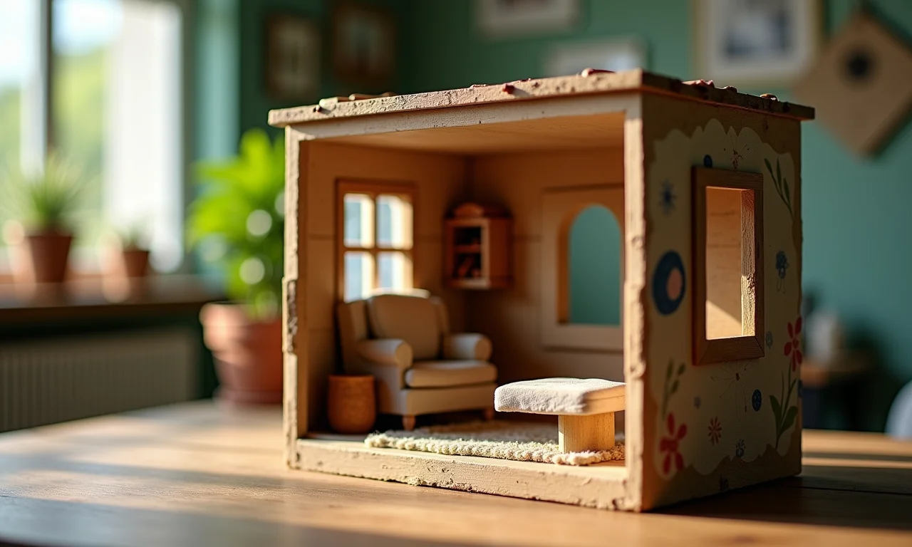 Casinha de bonecas feita de caixa de sapato.