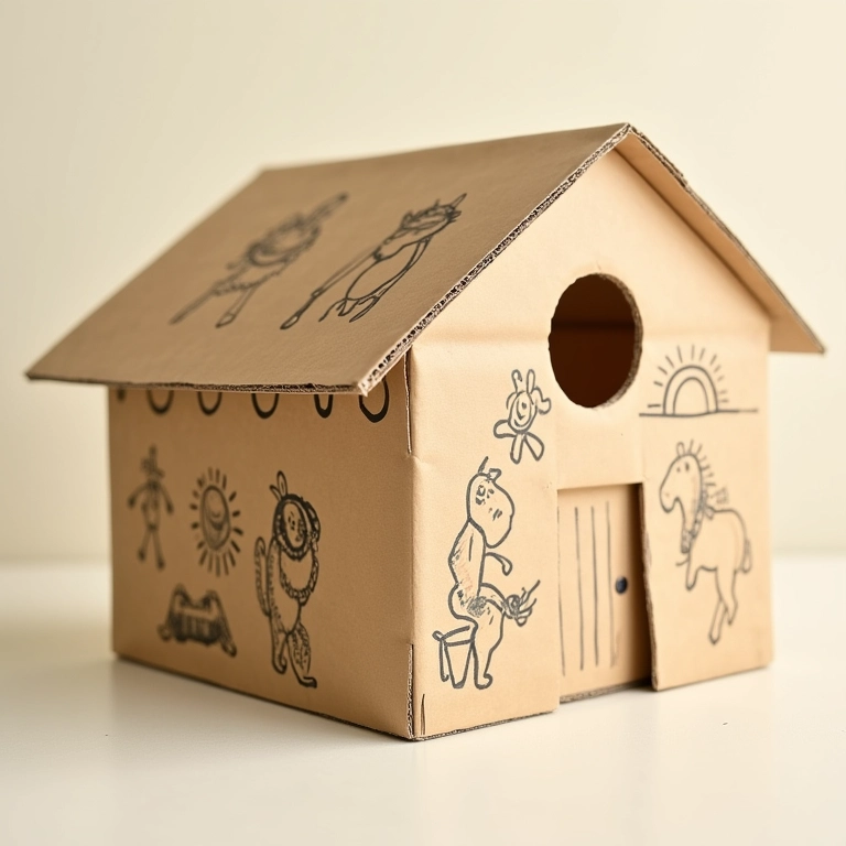 Casinha de papelão com desenhos coloridos nas paredes, estimulando a criatividade.